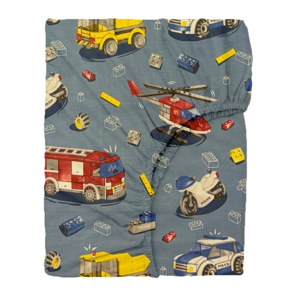 Laste puuvillane voodilina kummiga Blue Lego Vehicles