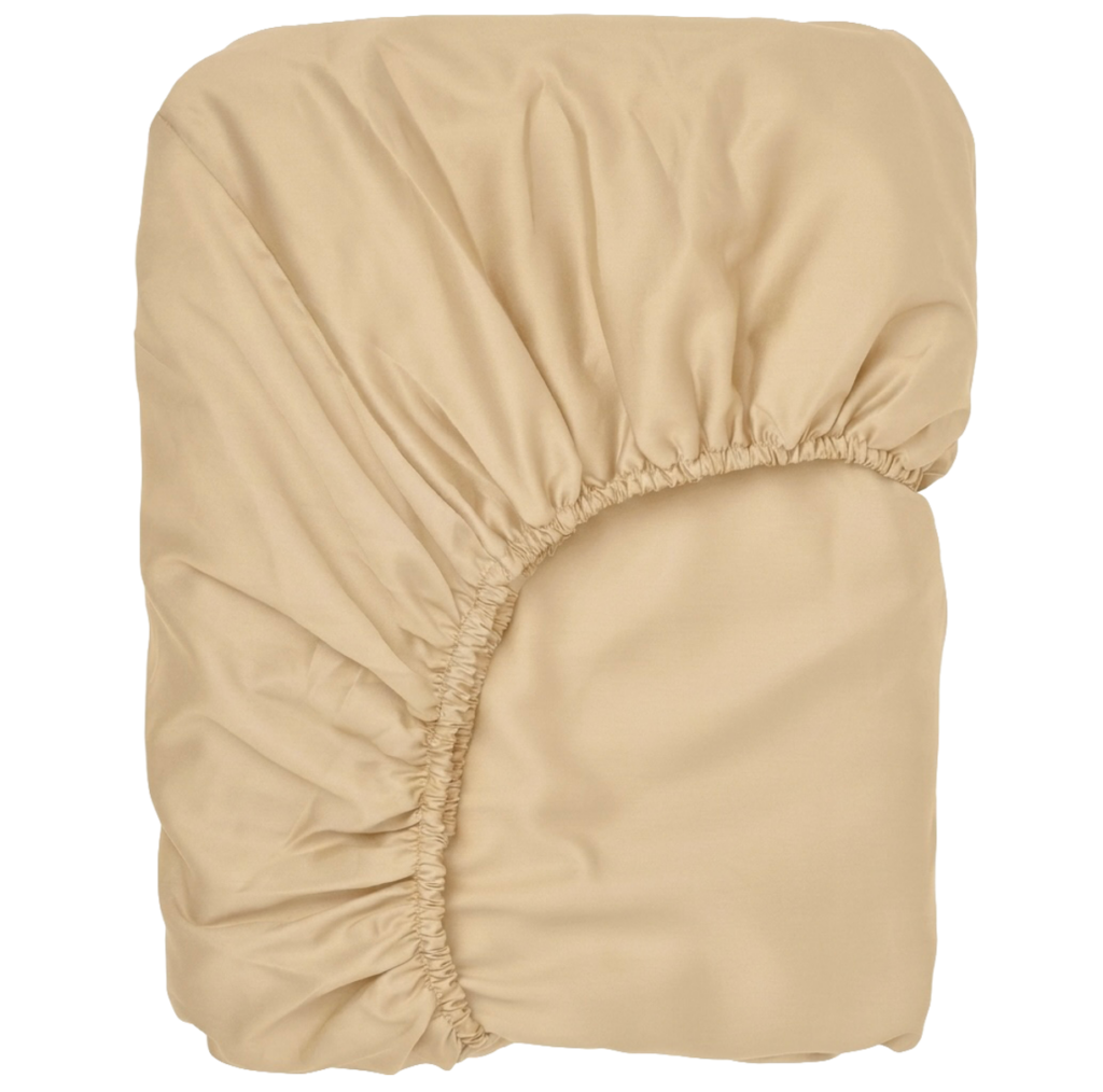 Puuvillasatiinist voodilina kummiga Warm Beige